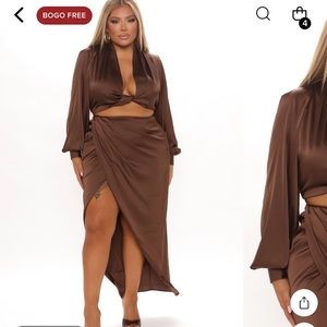 Love Again Satin Skirt Set - Brown